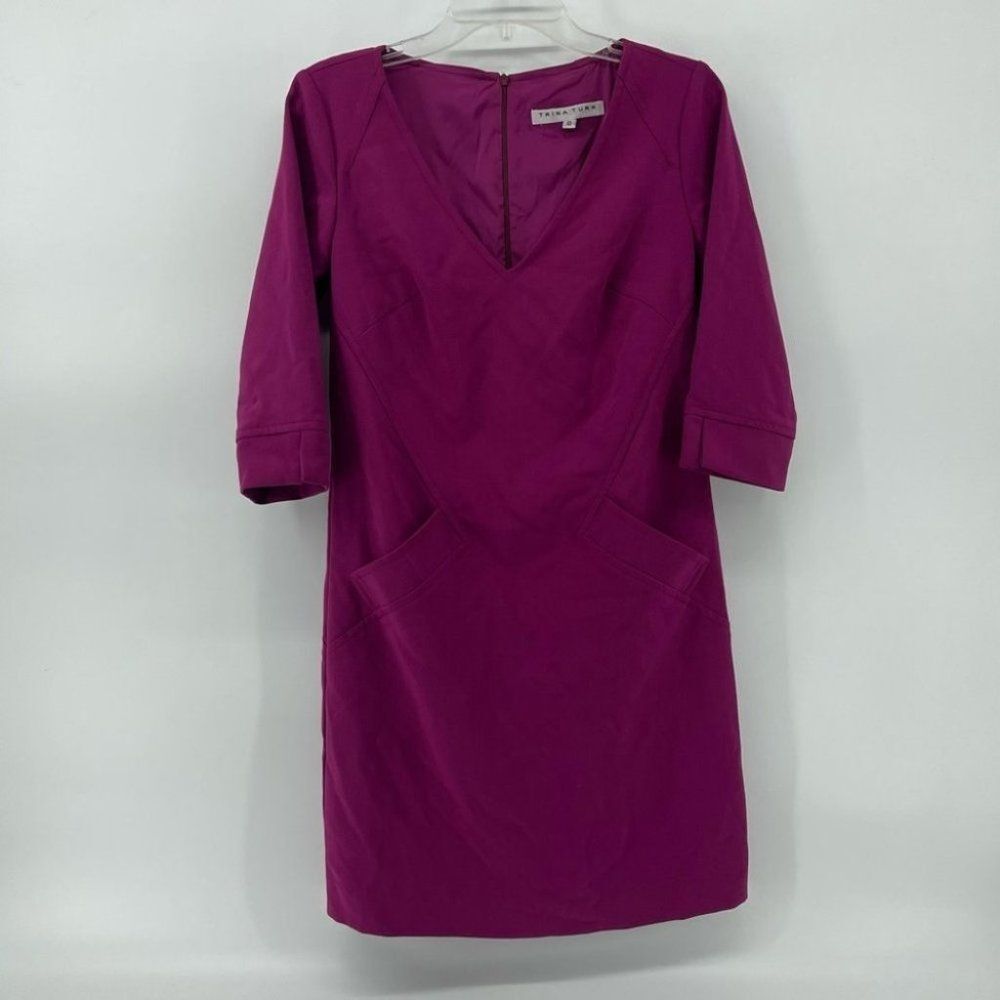 Trina‎ Turk Dress V-Neck 3/4 Sleeve Pockets Career Casual Purple Size 0